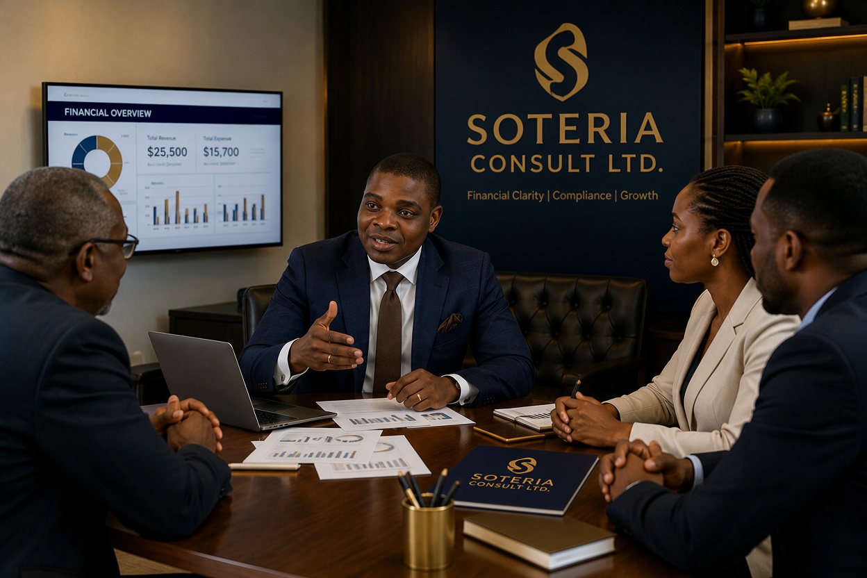 Soteria Consult advisors reviewing enterprise financial dashboards in a boardroom