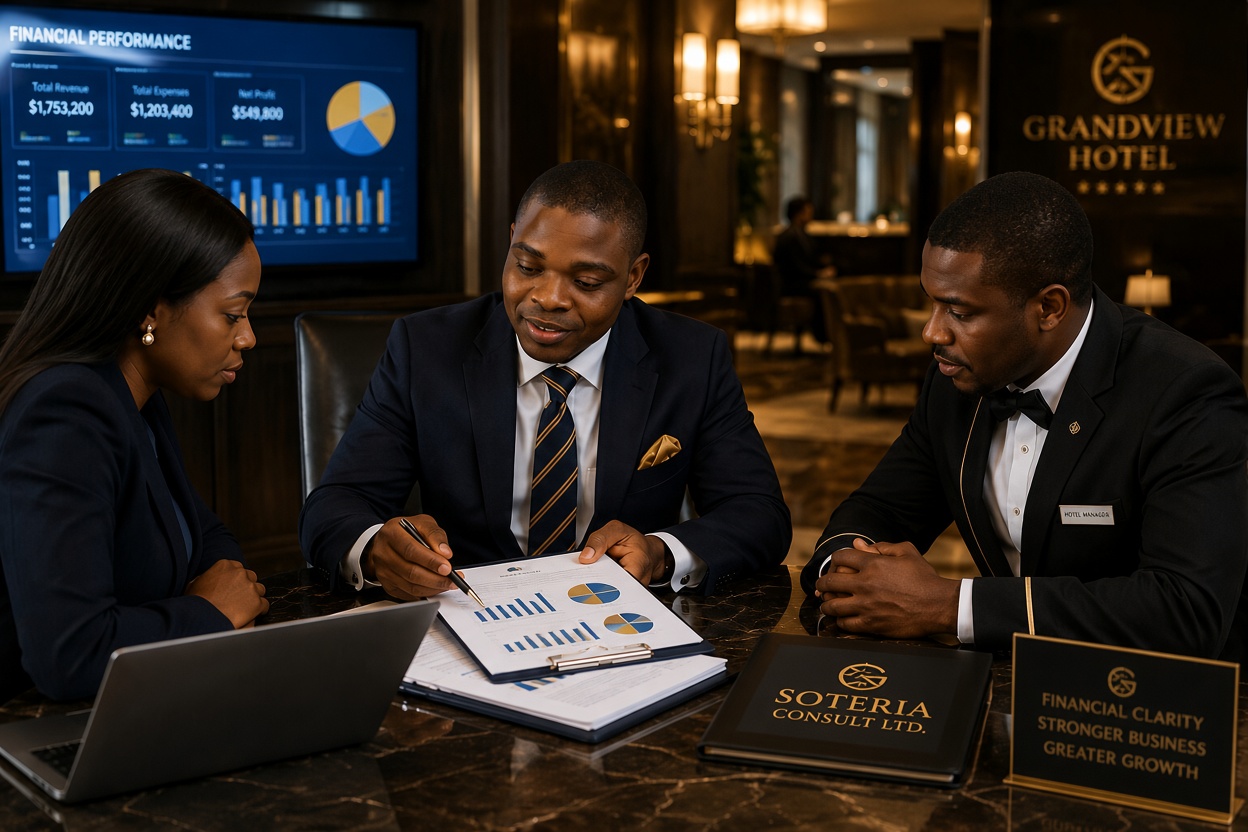 Soteria Consult advisors reviewing financial performance with a client leadership team